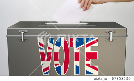 Ballot box with flag of the UK and VOTE word, voting related 3d rendering 67358530
