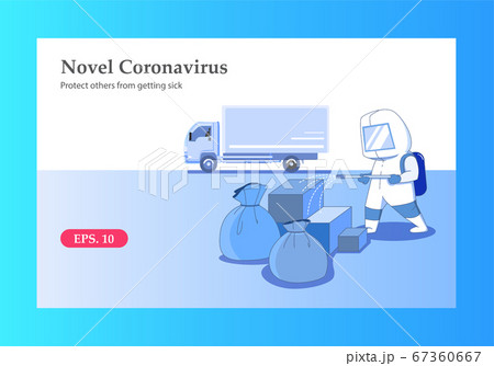 Transport workers spray alcohol on the box, concept of coronavirus quarantine vector illustration. 67360667