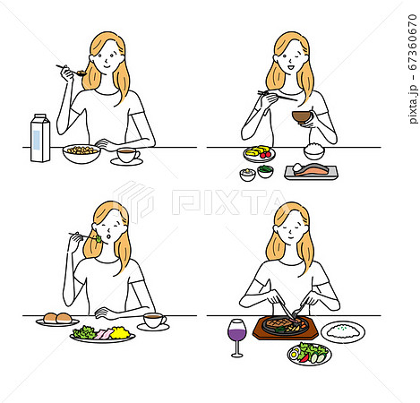 朝昼晩食事をする女性のイラスト素材