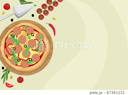 Pizza with salami, olives and cheese in a cardboard box. The view from the top. Vector template with space for text. 67361222