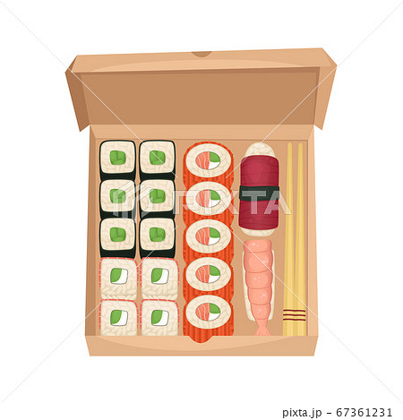 Set of sushi and rolls in a cardboard box. 67361231