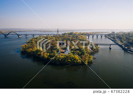 View over the Dnieper River in Kiev. Aerial drone view. 67362228