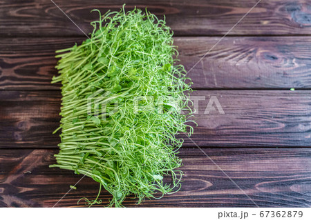 Cutted microgreen pea sprouts on old wooden table. Vegan and healthy eating concept. Growing sprouts 67362879