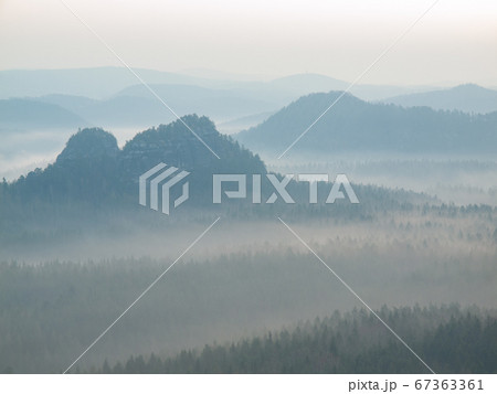 Blue autumn mist cover landscape before Sun Blue autumn mist cover landscape before Sun 67363361