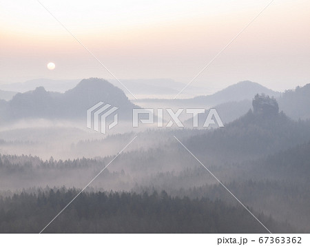Amazing Sunrise or Sunset Over Misty Landscape Amazing Sunrise or Sunset Over Misty Landscape 67363362