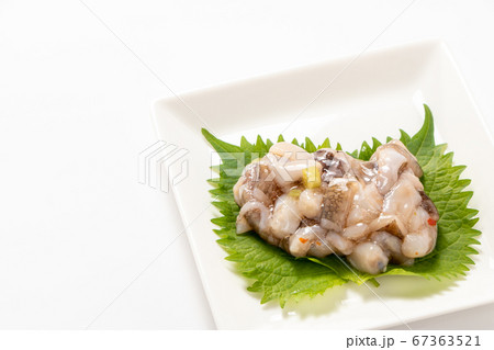 大葉(青じその葉)の上に、たこわさび。(白バック) 67363521