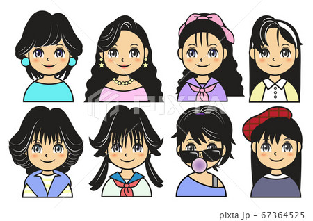 80年代の女の子のプロフィールアイコンセットのイラスト素材