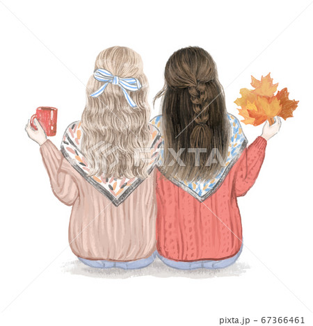 Two Girls Best Friends In The Fall Hand Drawn のイラスト素材