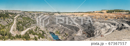 Panoramic aerial view of abandoned coal mine. Canned quarry. Open coal mining, Antarcite mining Panoramic aerial view of abandoned coal mine. Canned quarry. Open coal mining, Antarcite mining 67367557