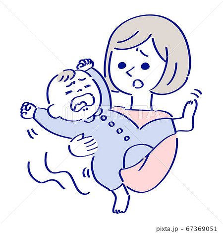 泣いている赤ちゃんに困るお母さん ブルーのイラスト素材