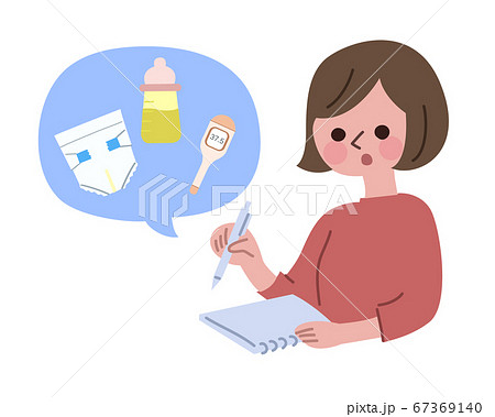 赤ちゃんの様子についてメモを取るお母さん　主線無し 67369140