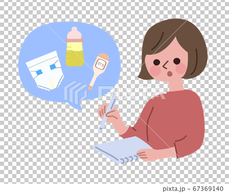 赤ちゃんの様子についてメモを取るお母さん　主線無し 67369140