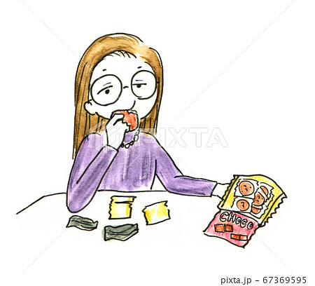 ストレスでお菓子ばかり食べる女性イラストのイラスト素材
