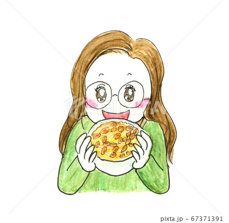 日本食 納豆ご飯が大好きな女性 水彩画イラストのイラスト素材 日本食 納豆ご飯が大好きな女性 水彩画イラストのイラスト素材