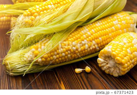 Fresh corn on cobs on rustic wooden table, closeup Fresh corn on cobs on rustic wooden table, closeup 67371423