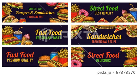 Fast food banners. Sketch hamburger and hot dog, pizza and fries, burger, donuts and cola, advertising restaurant advertising vector set Fast food banners. Sketch hamburger and hot dog, pizza and fries, burger, donuts and cola, advertising restaurant advertising vector set 67373570