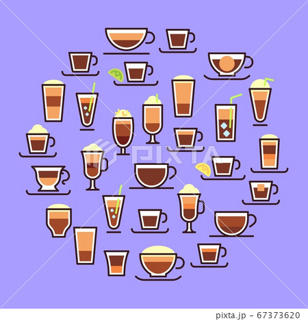 Types of coffee. Hot drinks in glass cups with milk. Espresso, latte with cream. Recipe, proportions 67373620