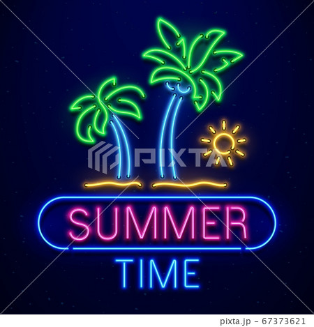 Summer time neon sign. Palm trees on sand beach, sun isolated on dark blue background. Summer logo, banner 67373621