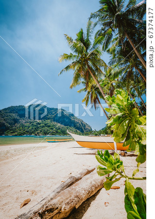 Philippines beach landscape - Local banca boat under palm trees at Corong Corong beach in El Nido, Palawan island Philippines beach landscape - Local banca boat under palm trees at Corong Corong beach in El Nido, Palawan island 67374177