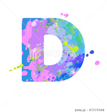 Bold letter D with effect of liquid spots of paint in blue, green, pink colors 67374568