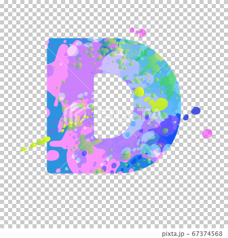 Bold letter D with effect of liquid spots of paint in blue, green, pink colors 67374568