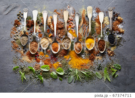 Herbs with spices on graphite board Herbs with spices on graphite board 67374711