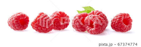Raspberry with leaves in closeup on white 67374774