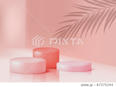 Podiums for product presentation in pastel pink color, mock up for design. Circular exhibition platforms, realistic vector illustration 67375244