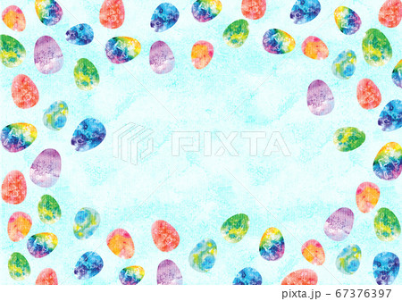 Cute bright light pastel colors watercolor Easter holiday hunt celebration egg border frame ornament illustration. A4 A5 A3 international paper slide poster card with free blank copy space for text. 67376397