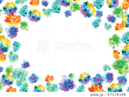 Hand painted bright colorful watercolor blot dots spots border frame ornament illustration. A4 A5 A3 international paper slide poster card with free blank copy space for text. 67376398