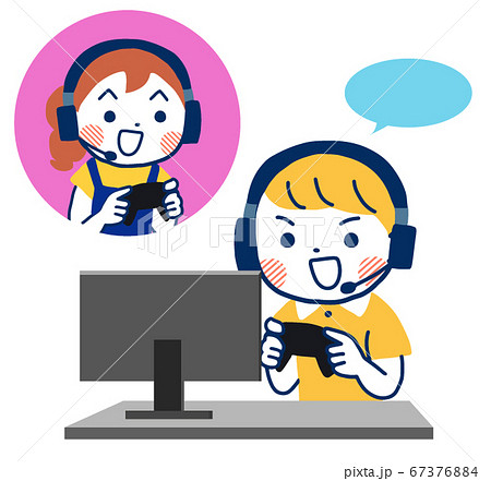 友達と通話しながらオンラインゲームを楽しむ男の子のイラスト素材
