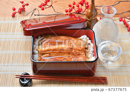 ※お猪口の中身は水です。浜名湖産のうなぎかば焼き(蒲焼き、カバヤキ)鰻重、うな重。 ※お猪口の中身は水です。浜名湖産のうなぎかば焼き(蒲焼き、カバヤキ)鰻重、うな重。 67377675