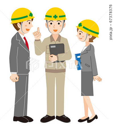 現場作業員から話を聞くヘルメットをかぶったスーツ姿の男女 白背景のイラスト素材