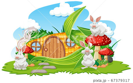 Corn house with three rabbit cartoon style on 67379317