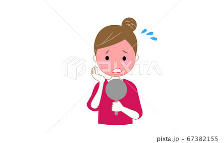 顔が真っ赤に腫れて困っている女性 顔の炎症 ひやけによる炎症など のイラスト素材