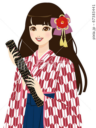 卒業式で卒業証書丸筒を持つ袴姿の女性 上半身 のイラスト素材