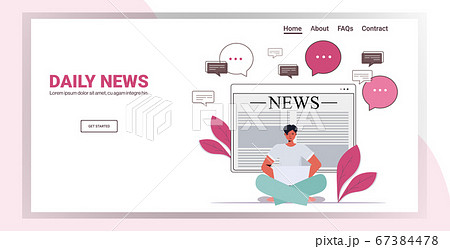 man sitting lotus pose reading online newspaper daily news on laptop screen press mass media concept 67384478