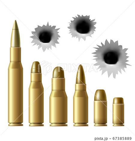 Realistic metal bullet and gunshot hole set isolated on white background Realistic metal bullet and gunshot hole set isolated on white background 67385889