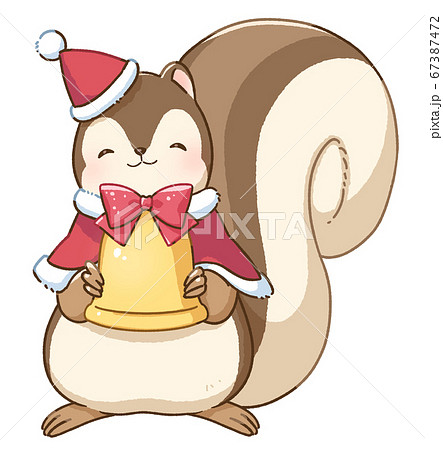 にっこり笑顔のリスとクリスマス（ベル）のイラスト素材 [67387472