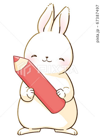 にっこり笑顔の白いうさぎと鉛筆 67387497