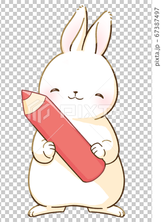 にっこり笑顔の白いうさぎと鉛筆 67387497