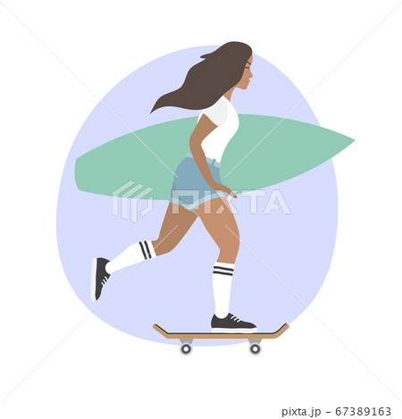 Vector flat girl woman riding a skate with surfのイラスト