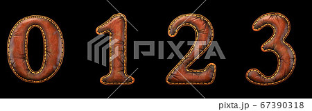 Set of numbers 0, 1, 2, 3 made of leather. 3D render font with skin texture isolated on black background. Set of numbers 0, 1, 2, 3 made of leather. 3D render font with skin texture isolated on black background. 67390318