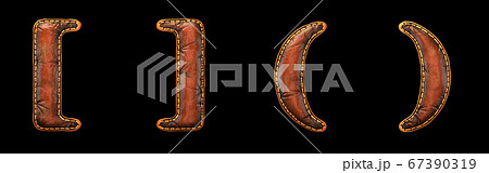 Set of symbols left, right bracket and left, right perentheses made of leather. 3D render font with skin texture isolated on black background. 67390319