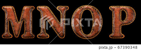 Set of leather letters M, N, O, P uppercase. 3D render font with skin texture isolated on black background. 67390348