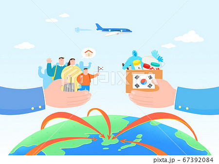 illustration of Changed daily life - Online lessons, medical briefcase, donation crate box, and Drive Thru 007 67392084