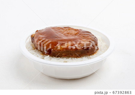 Instant food products concept- dry instant noodles, luncheon meat sliced, canned fish on white background 095 67392863