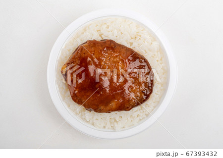 Instant food products concept- dry instant noodles, luncheon meat sliced, canned fish on white background 098 67393432