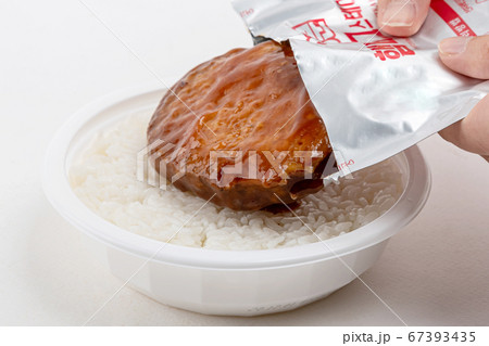 Instant food products concept- dry instant noodles, luncheon meat sliced, canned fish on white background 094 67393435
