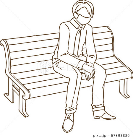 マスクをつけてベンチに座るビジネスパーソン 男性 の線画のイラスト素材